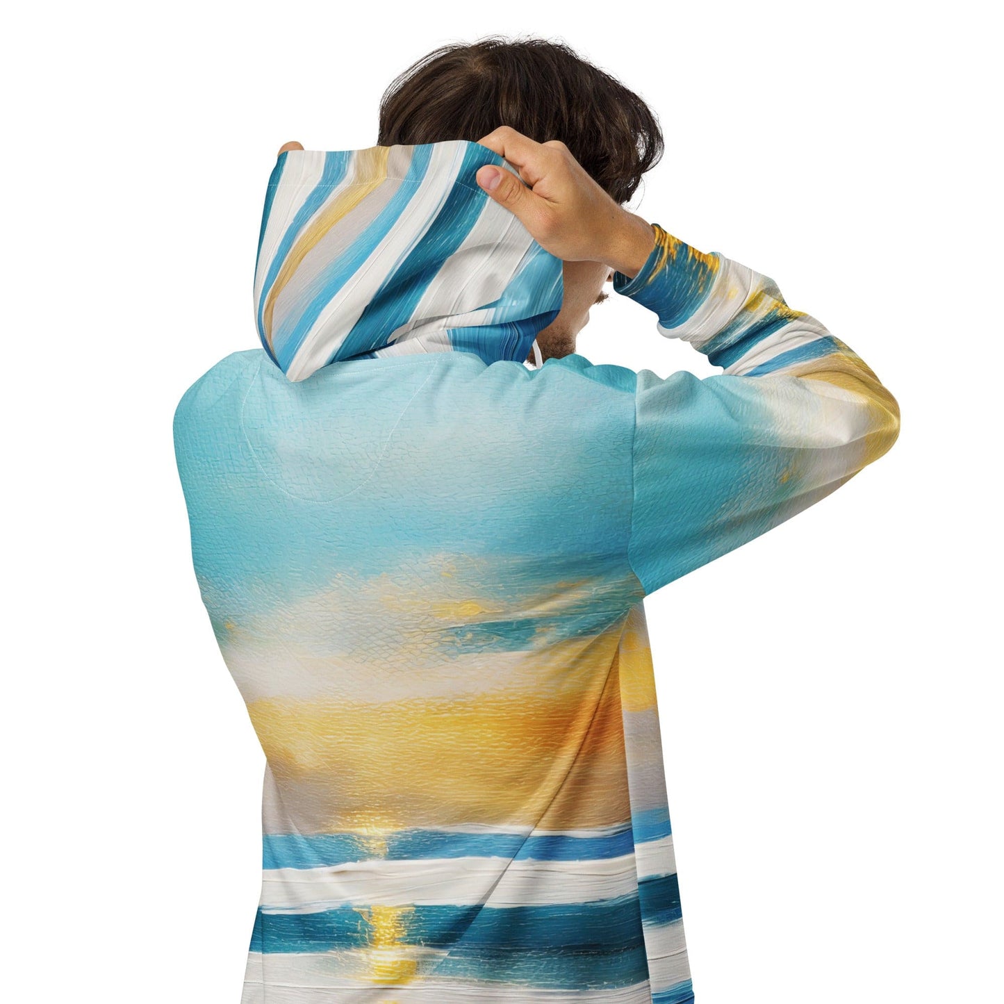 Mens Full Zip Graphic Hoodie, Blue Ocean Golden Sunset Print